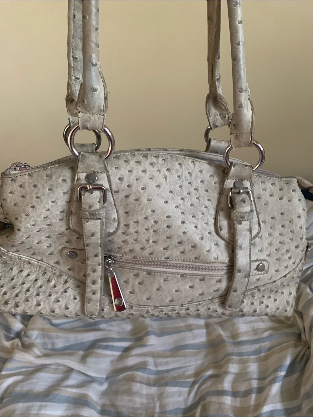 Women’s Cream Faux-Ostrich Shoulder Bag